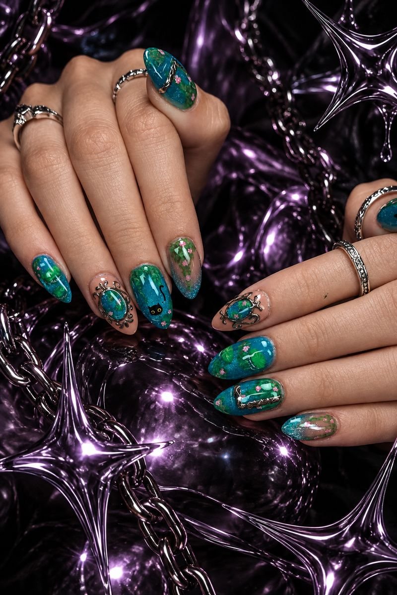 Unhas em verde e azul com nenúfares, flores e um gatinho preto
