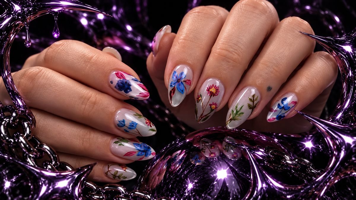 Unhas amendoadas leitosas com flores azuis e rosas pintadas à mão