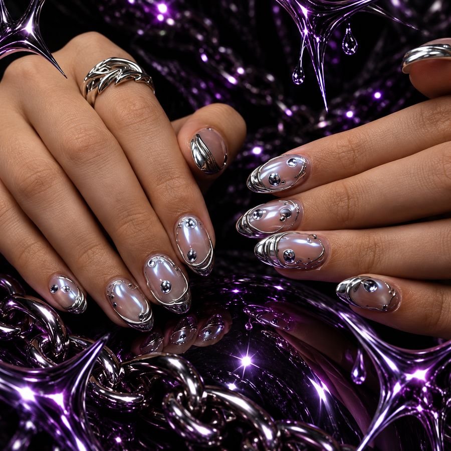 Unhas perroladas com moldura cromada e pedrarias