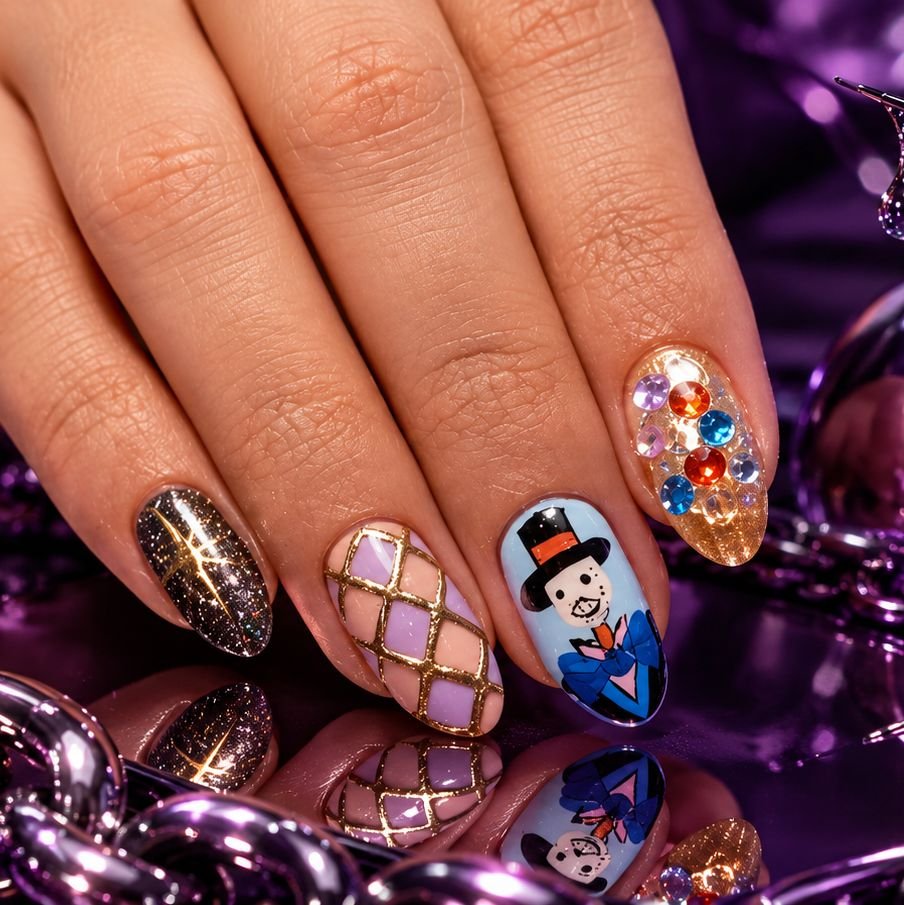 Mix de nail art com glitter, xadrez dourado, personagem e pedrarias