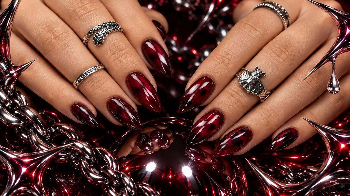 Unhas stiletto em vermelho translúcido efeito tartaruga